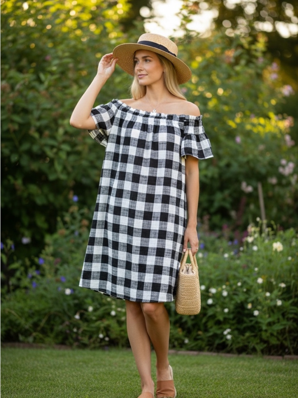 Anthropologie Gingham Dress‎ Off the Shoulder Boho Cottage Corey Lynn Calter, S